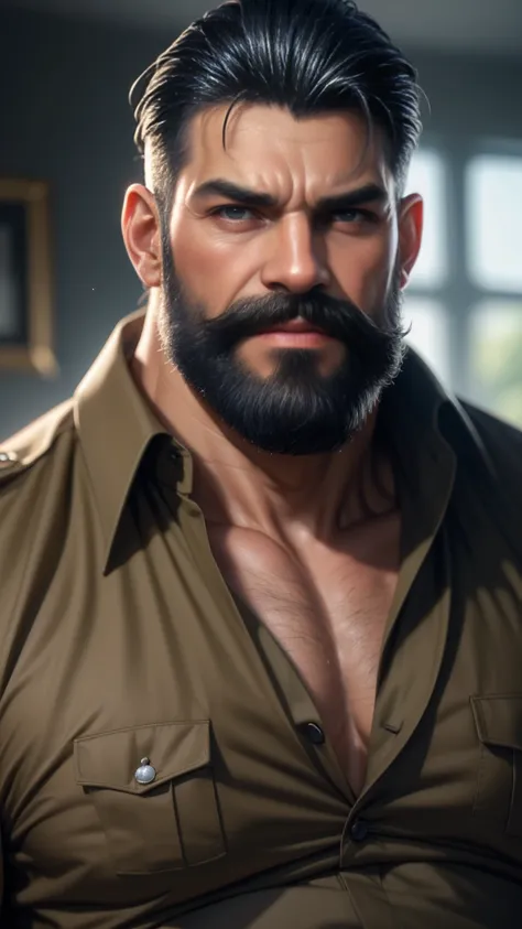 a muscular man, middle-aged, 56 y.o, quiff hairstyle, dark blue hair, dark blue mustache, dark blue beard, beige blouse, dark br...