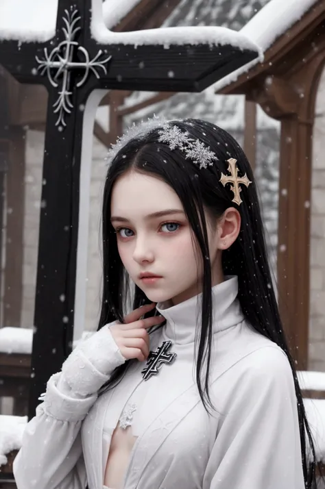 one female, teen, teenager(1.3),  pale , black hair , evil, detailed face, angelical face, small breasts, dresing with christian cross symbol ,background in snow in prussia