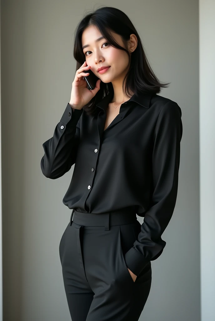 Create a 4K resolution professional image of a 30-year-old woman with white skin, weighing 56 kg, and medium-length, straight black hair. She has light brown eyes. She is wearing a black blouse and black pants, along with black closed-toe high heels. She i...