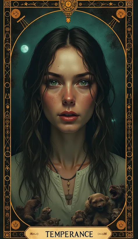 "A hyperrealistic, photograph-quality tarot card depicting Temperance, inspired by the movie Hereditary (2018). The central focus is the intense scene where Annie Graham struggles to maintain control and balance amid the dark forces threatening her family....