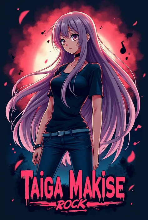 A logo for an anime version of a rock band with the owner&#39;s name Taiga Makise, all with long hair down to their backs.  