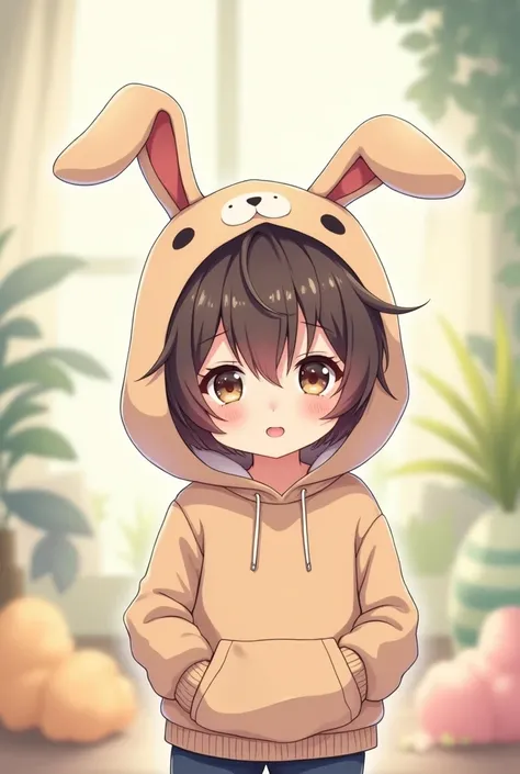 Make A Cute anime boy character wearing (rabbit hoodie) with animated rabbit eyar