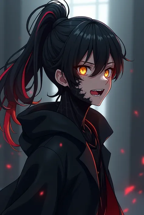 A male anime-style teenager with long black hair tied in a voluminous ponytail with several red streaks and almost golden yellow eyes wearing a long black coat having a transformation where half of his face and a bit of his neck becomes completely black an...