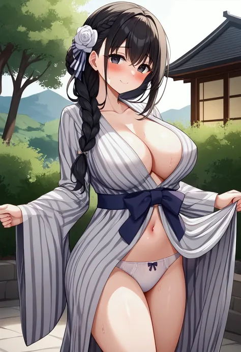 高いquality illustration, masterpiece, Very delicate and beautiful, masterpiece, Best Quality, High resolution, Very detailed, Perfect lighting、(1 middle-aged woman)、Large Breasts、1braid、Black Hair、sexy、Black Eyes、Droopy eyes、Japanese style garden、loose、Lant...