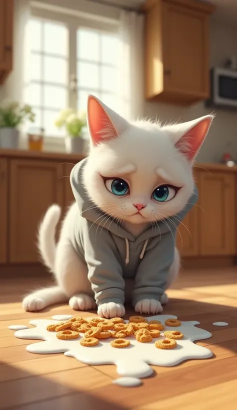 "A sad white anthropomorphic mother cat with big blue expressive eyes, wearing a light gray hoodie, is kneeling on the kitchen floor, mopping up a spilled bowl of cereal and milk. Her face shows frustration and exhaustion. The kitchen is cozy, with warm su...