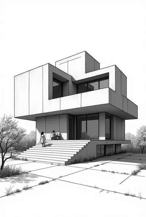 Generate me an image in normal perspective view from two vanishing points of a modern architectural house but a bit complex with different plans and two levels with a not very large inclined plane and that is complex from two vanishing points with the guid...