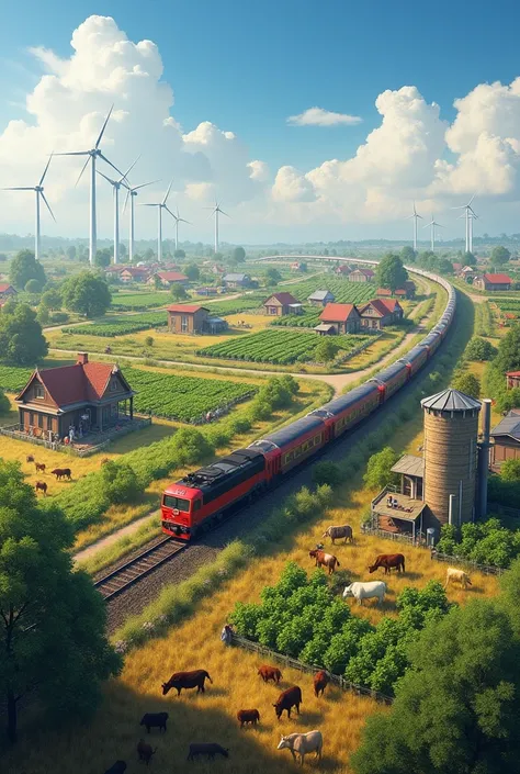 
Make a large village, with cattle ranching in fences, plantations and a train passing through the middle of the city, with wind turbines in the background