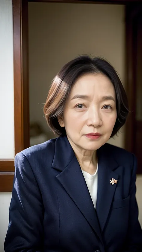 Kumiko Otsuka, masterpiece, ((Great Focus)), 32K, Beautiful finish, Beautiful mature elderly woman, 120-year-old woman, Portraiture, View from the front, Short Bob, Red lips, Thin lips, Clothes are disheveled,business suit, sexy, Round 1, Light from the fr...