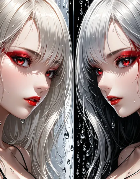 twin beauties, amazing eyes, shiny silky ivory hair, passionate and obscene expression, ideal proportions, double fashion (left red, black on the right), subtle and dynamic textures, contrast of light and shadow, 2.5D, art photography, hyperrealistic, ultr...