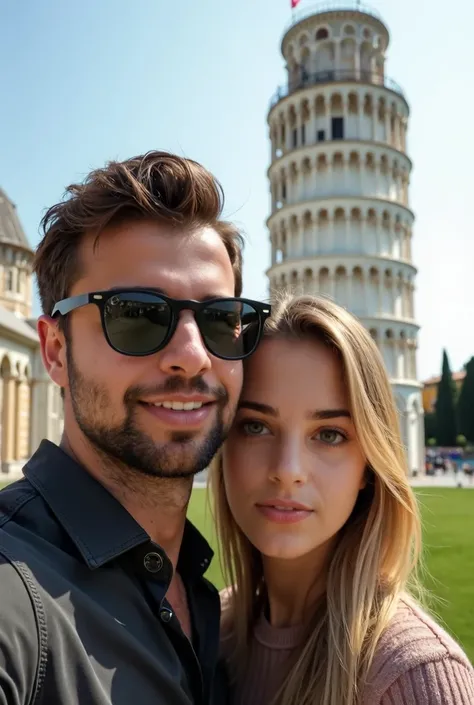 Photorealistic 16k ultra-realistic super-detailed man with dark brown hair and brown eyes sorrindo e usando oculos e sorrindo next to a blonde woman with green eyes and long hair taking a selfie in front of the Leaning Tower of Pisa  sorrindo e usando ócul...