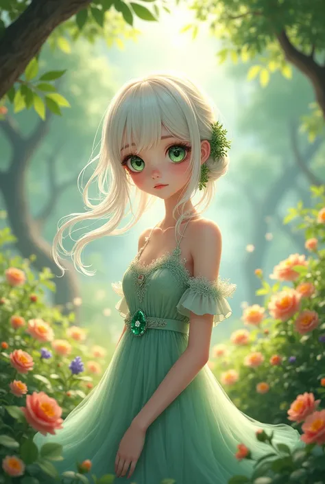 A beautiful young anime girl, detailed facial features with big eyes, beautiful green gem eyes, long eyelashes, delicate nose and lips, long flowing white hair, detailed intricate dress, figure, standing in a lush garden with colorful flowers, sunlight str...