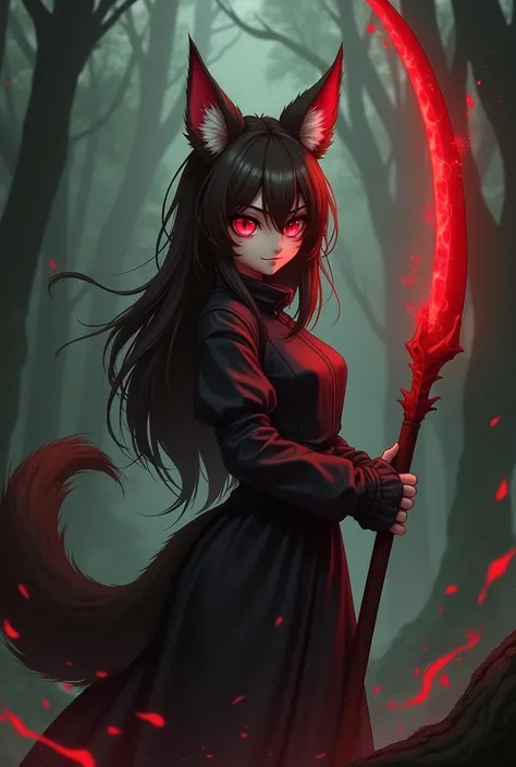 Ce personnage a des traits distinctifs dhybride loup. Elle a de longues oreilles de loup bien dressées sur sa tête, avec lintérieur des oreilles visible et coloré en blanc. Ses yeux sont dun rouge éclatant et lumineux, dégageant une expression intense ou m...