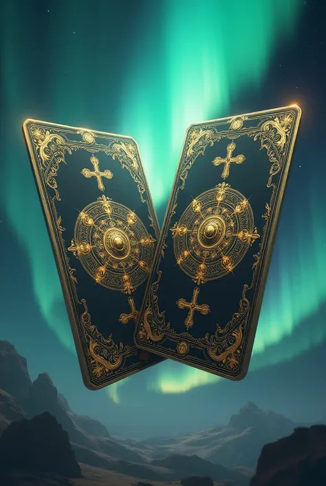 Two large tarot cards floating side by side in a world illuminated by the aurora borealis