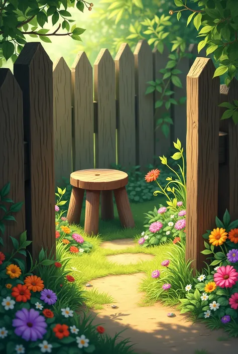 Garden with fence, flowers and a stool
