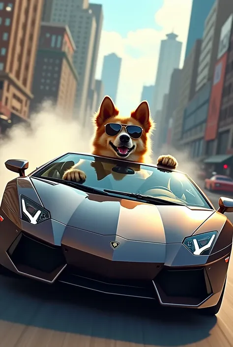 a dog, driving a lamborghini aventador, convertible, smoking, with sunglasses, in a city