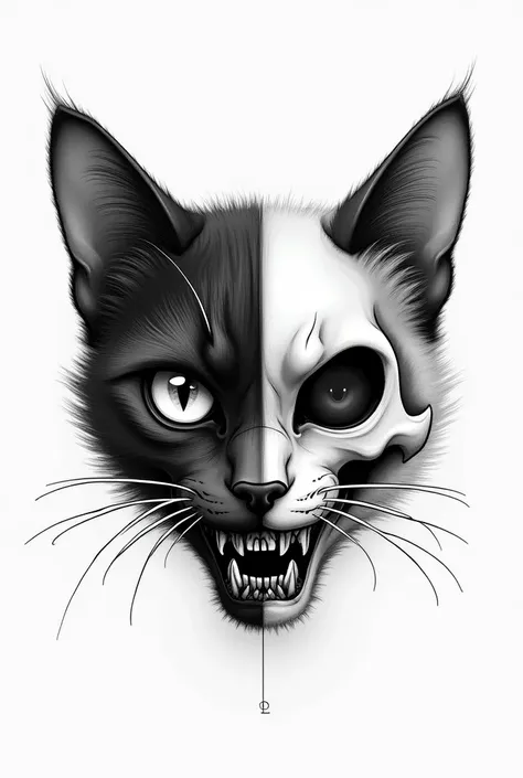 Half skeleton and half normal cat 2d for black and white tattoo only.face
