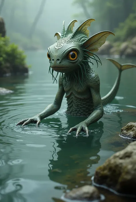 Make a picture with a human-sized creature with tentacles with long claws and fins, abundant greenish and spiky hair, yellow and bulging eyes, Rashy, stone-gray skin and a fishtail from the waist down like a mermaid, no ears.Let her be alone in the river