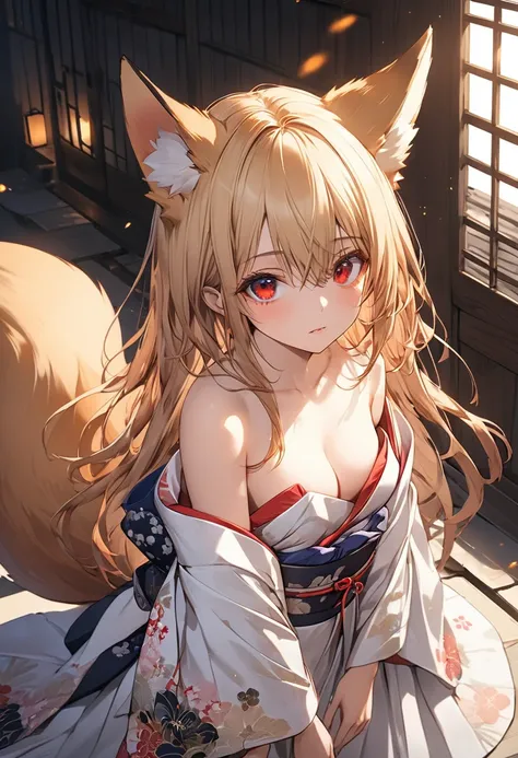 Long hair、Straight Hair、 (Red eyes:1.5),  animal ears, tail, GOLD hair, fox ears, fox tail, kimono、Japanese sword,Off the shoulder、Small breasts、Cleavage 、break looking at viewer, break outside, break (masterpiece:1.2), best quality, high resolution, unity...