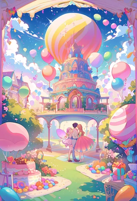 candyland,man and woman,lovers,kiss in the wind,cotton candy,dreamlike,whimsical,playful,magical colors,vibrant atmosphere,sugar rush,enchanted garden,lush greenery,floating balloons,festive atmosphere,energetic,pastel hues,chocolate fountain,fairy lights,...