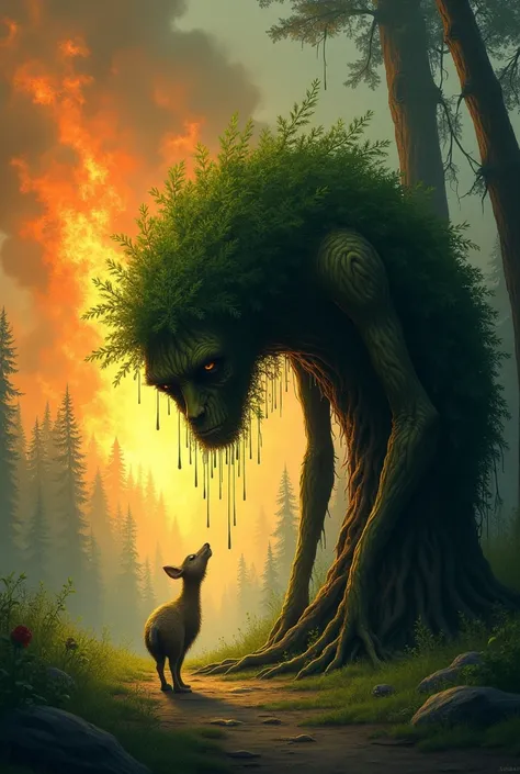 A big green tree, crying bent over, with tear drops falling, as she talks to a small wild animal. In the background a forest burning to ashes.