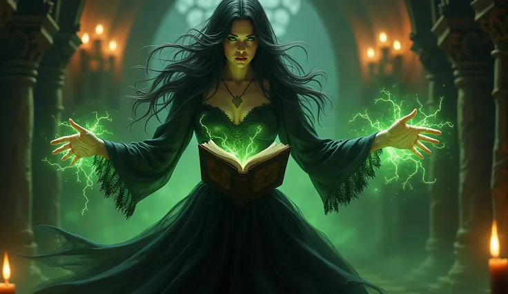 A witch with black hair and green eyes in a black dress, Holding a magic book. She is casting green magic with her hands.