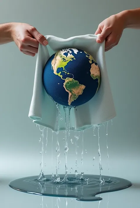 A cloth being wrung out with the planet earth printed on it and it being soaked in water 