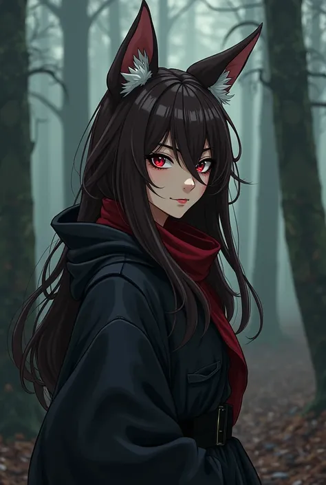 Ce personnage a des traits distinctifs dhybride loup. Elle a de longues oreilles de loup bien dressées sur sa tête, avec lintérieur des oreilles visible et coloré en blanc. Ses yeux sont dun rouge éclatant et lumineux, dégageant une expression intense ou m...