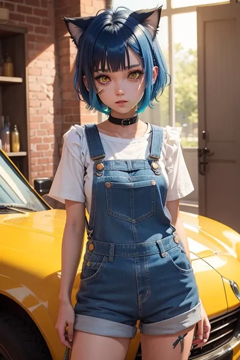 slime girl with cat ears short blue hair brown overalls yellow eyes