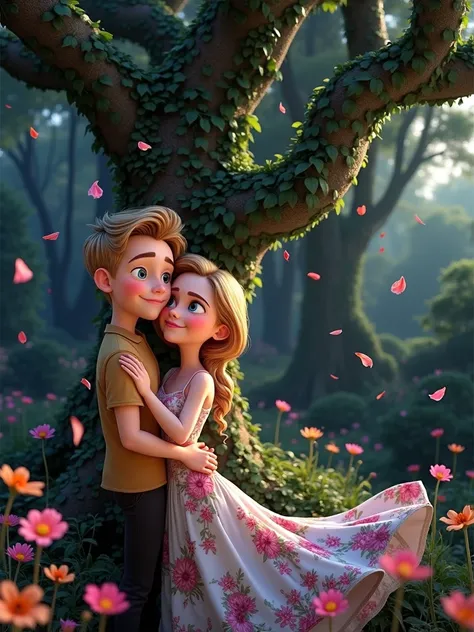 I would like a Disney Pixar style animation in 3D in 4K with the set design and a forest with flowers, The main characters are: A couple in love and embracing.
She is white, in your 20s, short and thin, has straight line, shoulder length blonde hair with b...