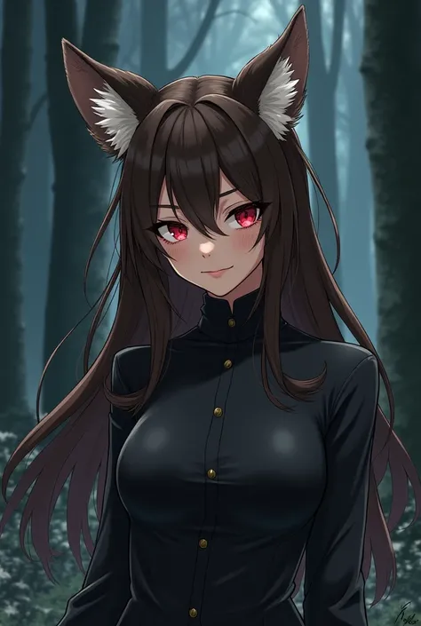 Ce personnage a des traits distinctifs dhybride loup. Elle a de longues oreilles de loup bien dressées sur sa tête, avec lintérieur des oreilles visible et coloré en blanc. Ses yeux sont dun rouge éclatant et lumineux, dégageant une expression intense ou m...