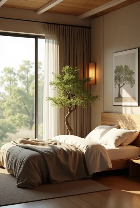 Create a single bedroom with bosiei and a glass window and wall light 