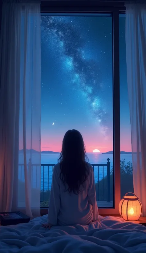 Perfect for staying up late or relaxing late at night、Relax、 Lo-fi Music。 Near the sea、Make it warm and inviting。A girl、Sitting at the window in the living room、glistening back、Expressing a fantastic sky。