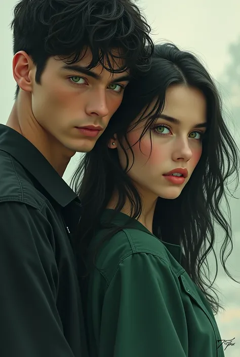 Create a tall boy, athletic build, dark hair and green eyes and a girl with dark hair and green eyes, with a serene appearance that hides his inner strength. For a book cover 