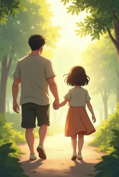 a 100kg father with short hair,black and beardless, and  daughter with short hair, brown, with a smooth root and light curls at the ends. the two are back to back walking hand in hand


