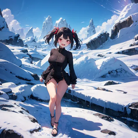 ice field, diamond dust, (solo), (1 skinny girl standing alone), swaying back, BREAK, black hair, (long two side up), red eyes, bursting large breasts, bouncing large breasts, very short torso, skinny narrow waist, skinny legs, BREAK, (frilled black mini d...