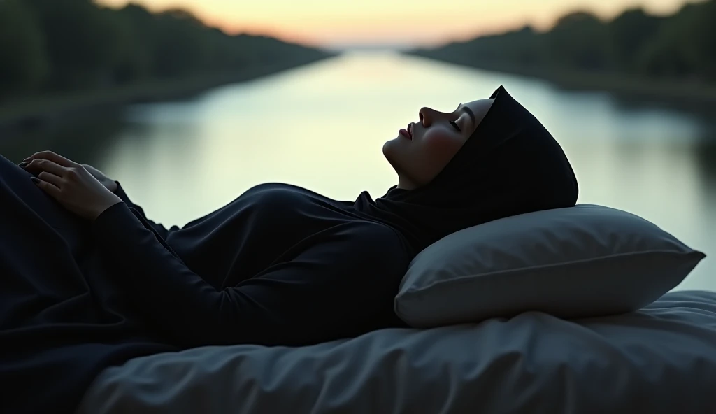 (photorealism:1.2), silhouette of a woman, wearing hijab,lying on one&#39;s back, head on pillow, straight river,in bed, relaxed expression