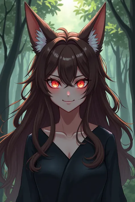 Ce personnage a des traits distinctifs dhybride loup. Elle a de longues oreilles de loup bien dressées sur sa tête, avec lintérieur des oreilles visible et coloré en blanc. Ses yeux sont dun rouge éclatant et lumineux, dégageant une expression intense ou m...