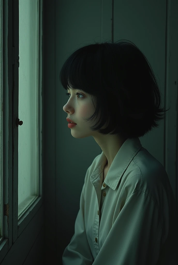 a closed window with a sad short black haired woman in 1960 looking through a window looking through 