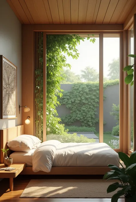 Create a single bedroom with a glass window and a boisei frame on the wall at the back, outside a wall with plants 