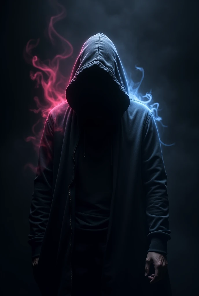 Generates a completely black Png image with a hooded man with pink and light blue color effects around it