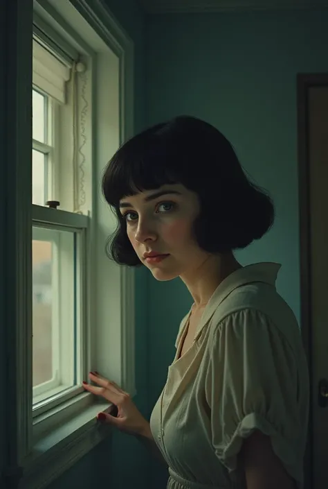 a closed window with a sad short black haired american woman in 1960 looking through a window looking through 