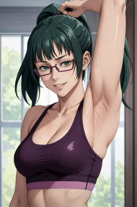 masterpiece, best quality, maki zenin, glasses, sports bra, green hair, ponytail,red pants, looking at viewer, small breasts, upper body, portrait, looking at viewer, parted lips, seductive smile, sweating, arms up, detailed armpits, sweaty armpits, cleava...