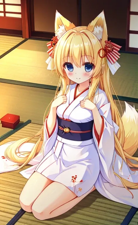 Beautiful long blonde girl　blue eyes　White kimono　shrine　whole body　Fox Tail　Fox Ears　sit on tatami