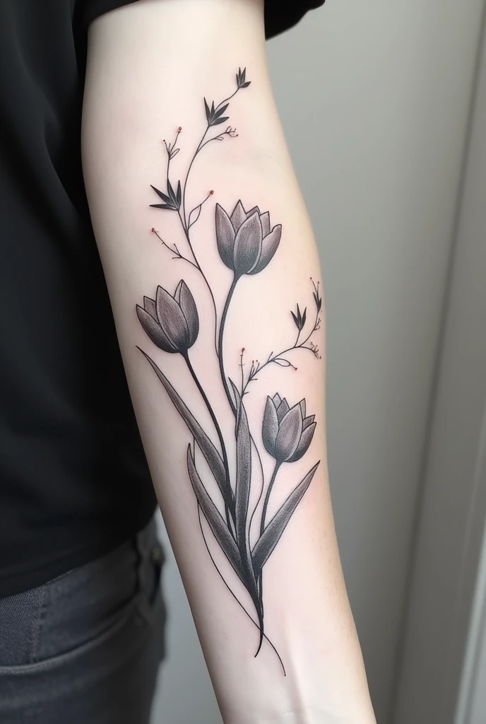 Design a flowing floral tattoo in black and white. Don&#39;t have too many flowers. Make it flow more. Use tulips. Make it flow more. And the light and shadows don&#39;t have to be too strong. Make the flowers smaller.