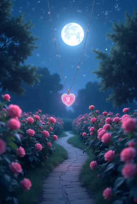 I want you to create a rose garden, at night and at the end of the road there is a necklace of a rose that is almost invisible