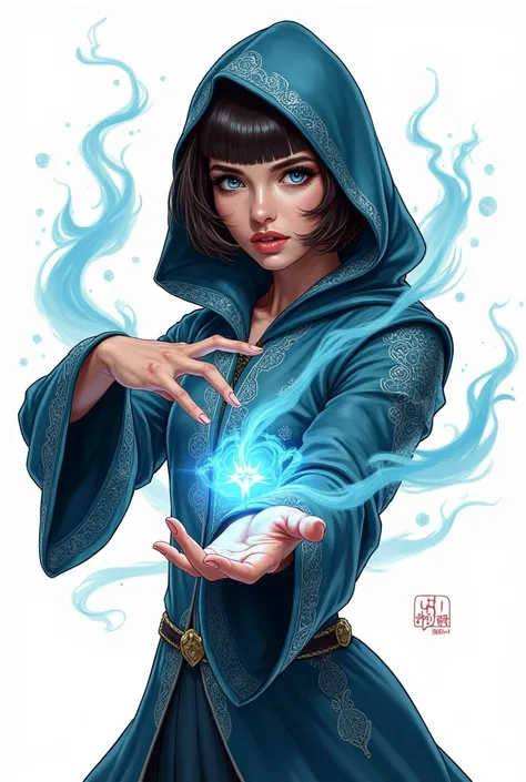 A beautiful young mage with dark brown blunt cut hair and deep blue eyes, wearing a silver-detailed hooded mage robe that accentuates her shapely, sexy figure, dynamic comic art style pose against a white background.