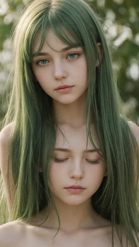 a girl. european. extremely detailed face. oval face. delicate features. green eyes. half-closed eyes. long, straight, messy hair. green hair. shy. looking straight. sad and pensive