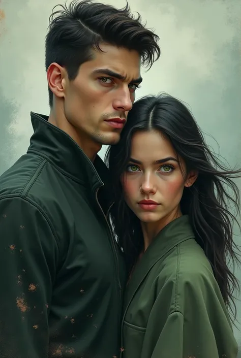 Create a tall boy, athletic build, dark hair and green eyes and a girl with dark hair and green eyes, with a serene appearance that hides his inner strength. For a book cover 