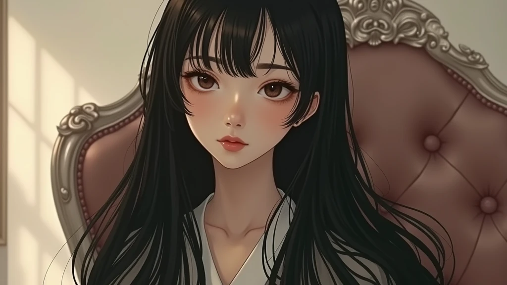 Asian with white skin, small and delicate nose, small mouth, and medium black hair