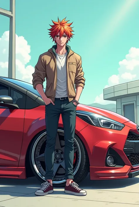 A man standing anime next to his car brand Toyota Vitz 2008 with wide rims